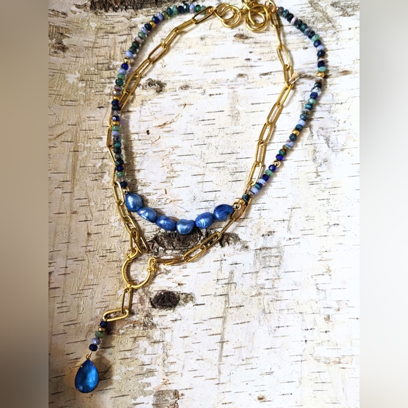 Blue Glass Czech Beads & Crystal Pendant In Two Strand Paperclip Necklace - Picture 6 of 10